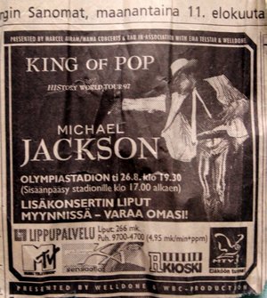 Concert poster from Michael Jackson - Olympiastadion, Helsinki, Finland - Aug 26, 1997