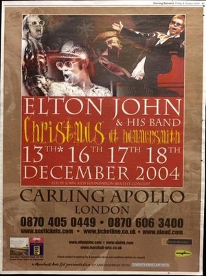 Concert poster from Elton John - Carling Apollo Hammersmith, London, England - Dec 17, 2004