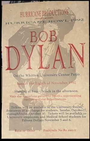 Concert poster from Bob Dylan - University of Miami, Coral Gables, FL, USA - Nov 8, 1992