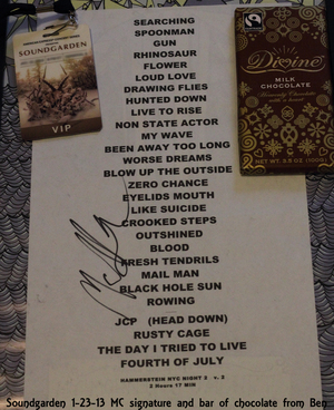 Setlist photo from Soundgarden - Hammerstein Ballroom, New York, NY, USA - Jan 23, 2013